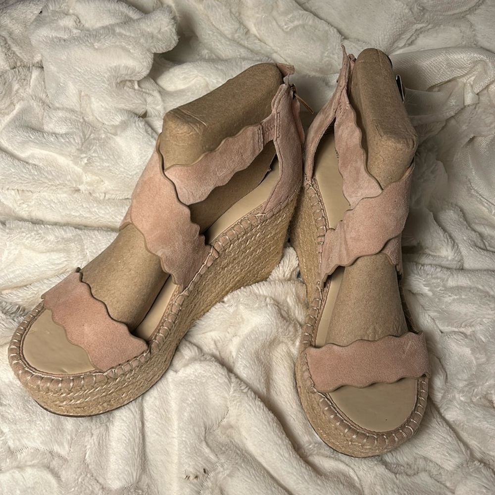 MARC FISHER Tan Suede Strap Espadrille Wedges